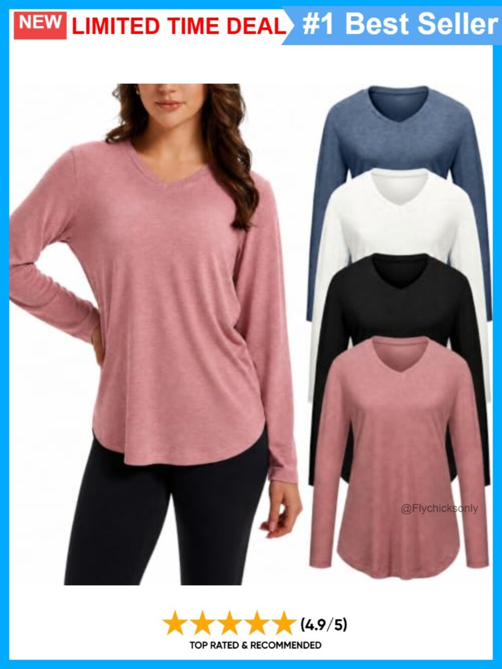 4 Pack Long Sleeve V Neck Tunic Tops Loose Fit Curved Hem Women's